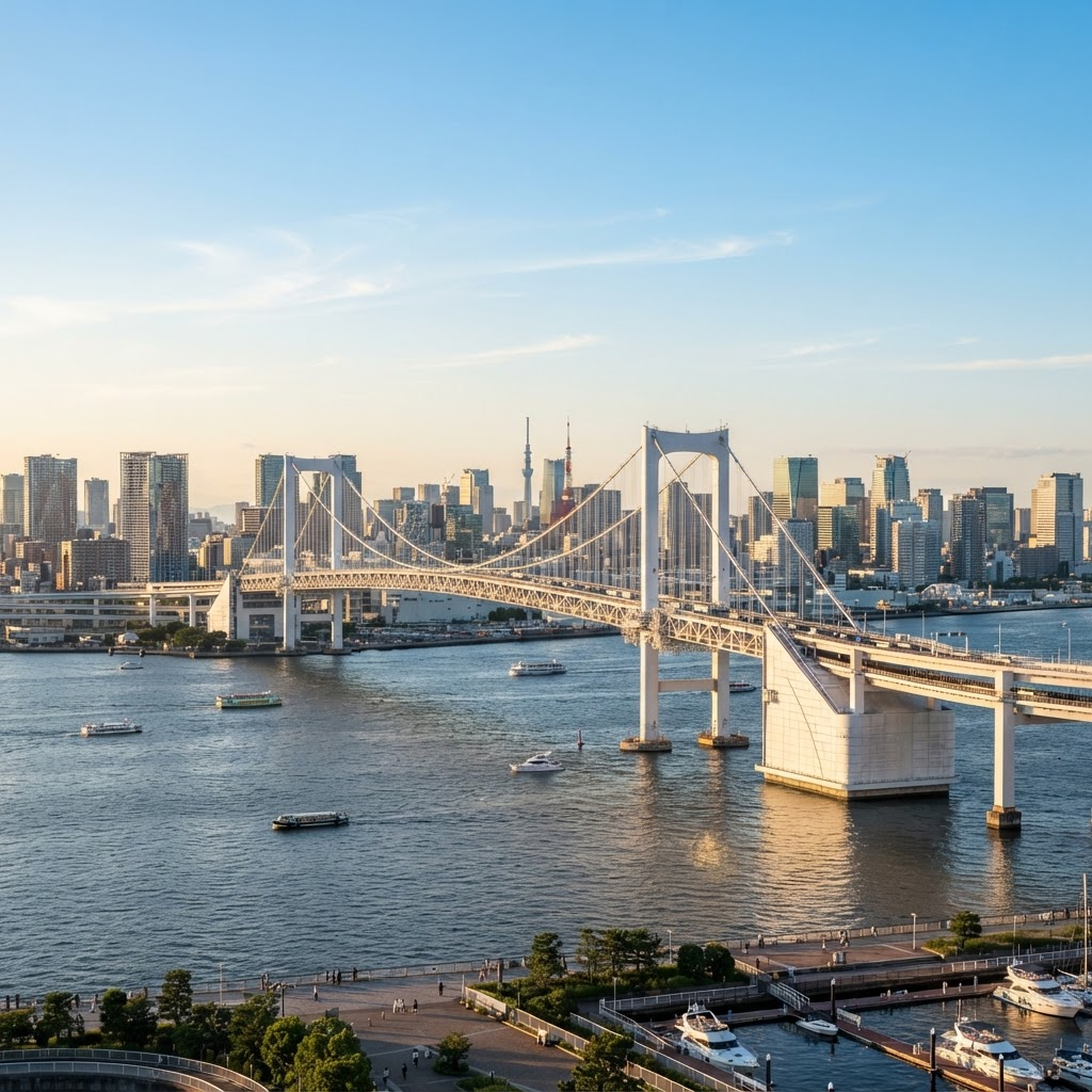 International suspension bridge connecting a modern city skyline